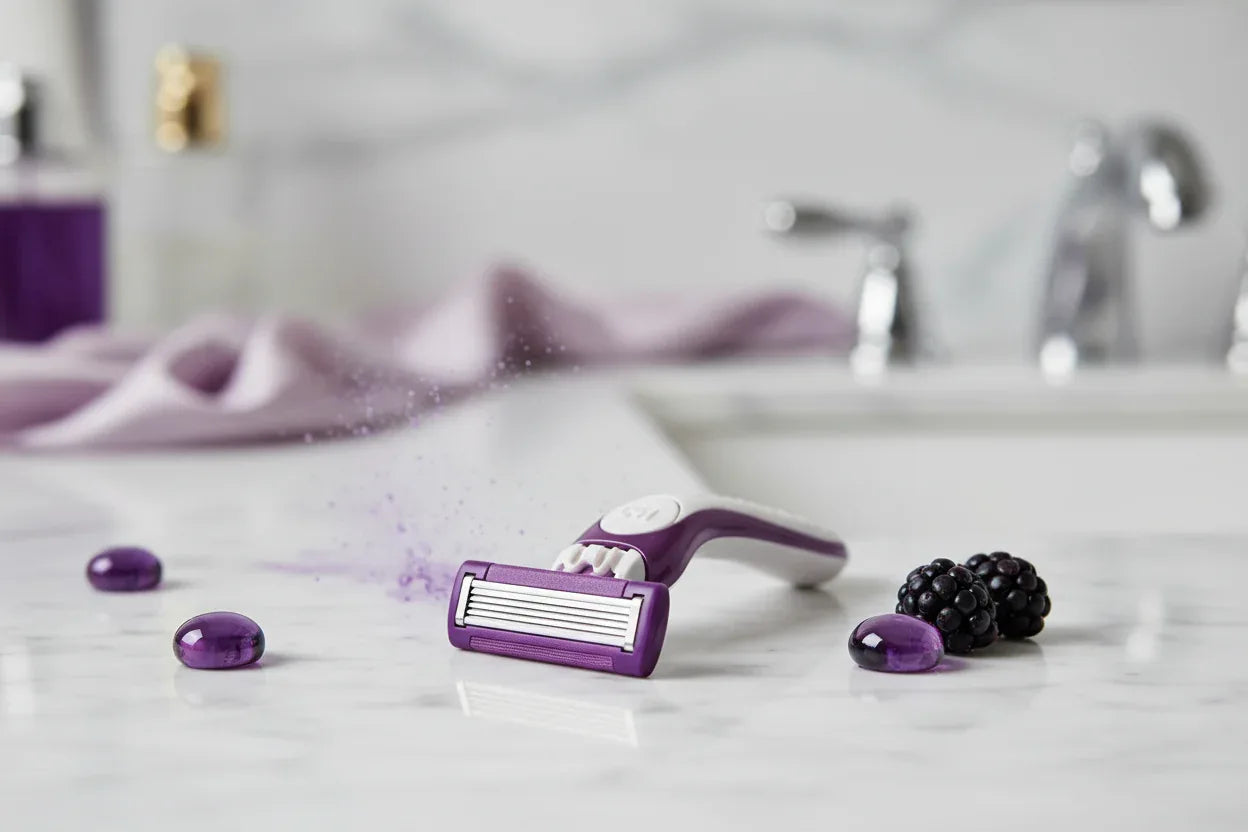 Premium women's razor cartridges resting on a white marble vanity in soft light with purple and berry color accents
