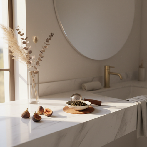 Bathroom vanity with dried fig accents, tea leaves in ceramic dish, and warm morning light