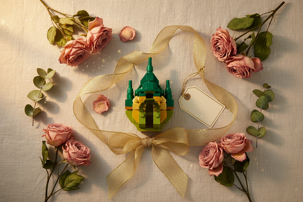 Green and yellow building toy gift flat lay with gold ribbon, dried pink roses, green leaves and gift tag on cream linen
