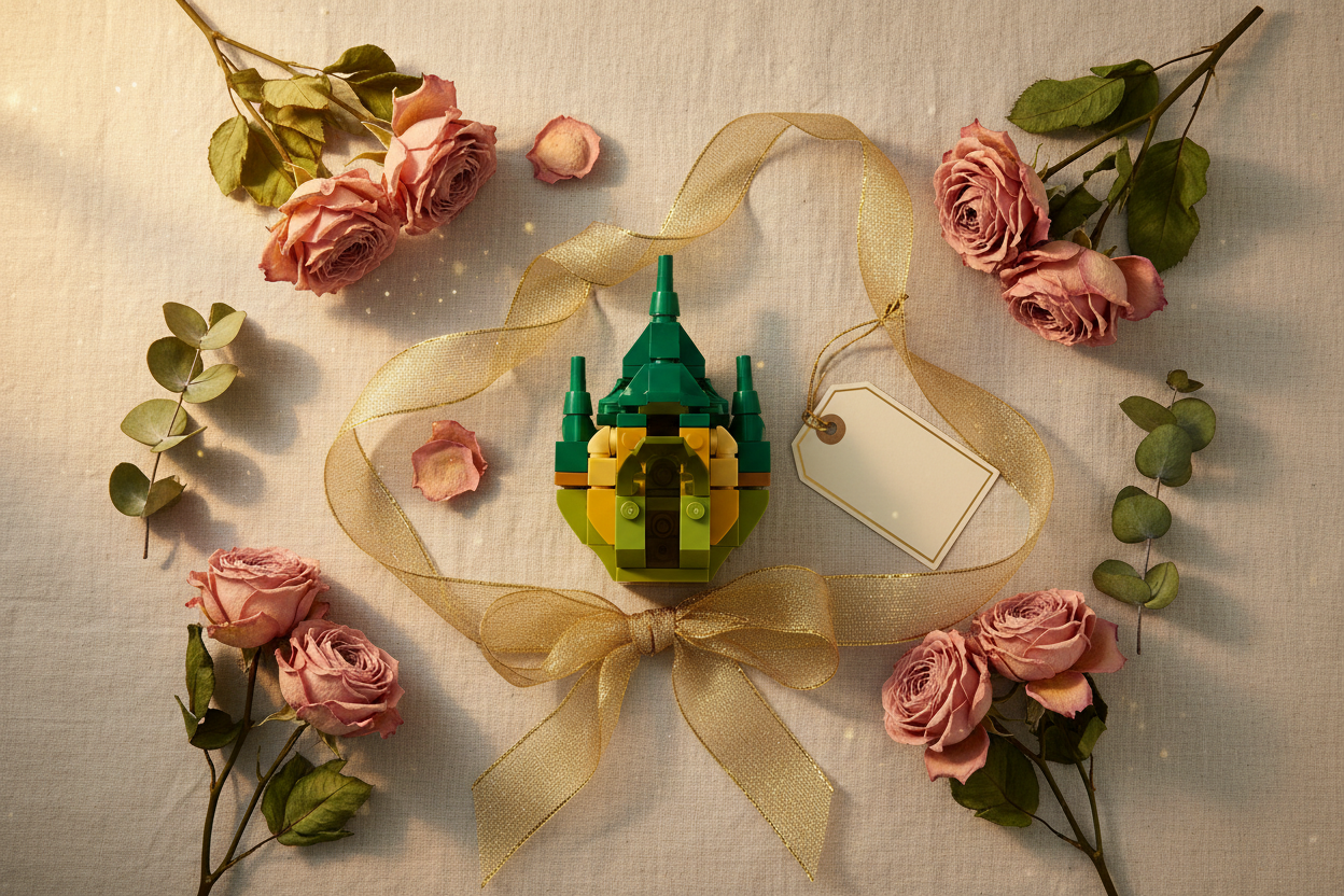 Green and yellow building toy gift flat lay with gold ribbon, dried pink roses, green leaves and gift tag on cream linen