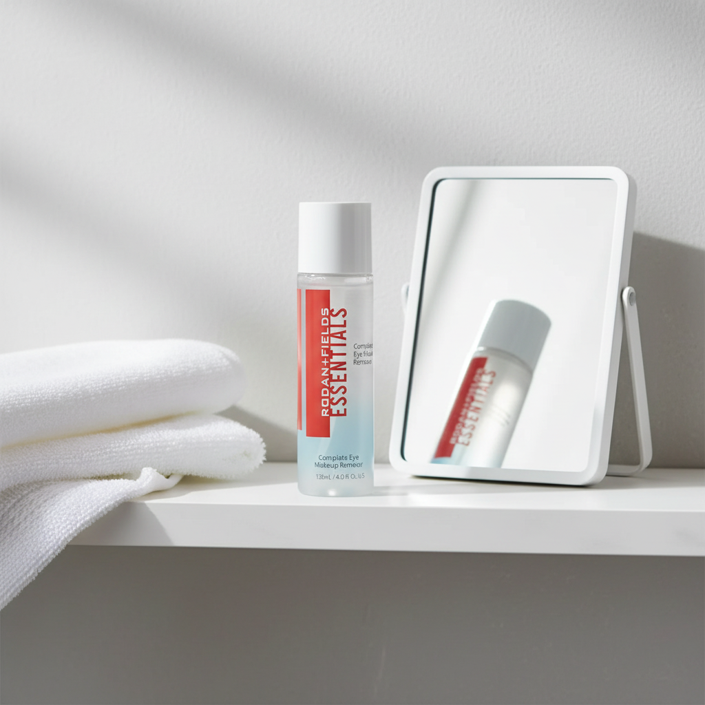 Rodan + Fields ESSENTIALS eye makeup remover bottle on a bright bathroom shelf beside a mirror and folded white towel