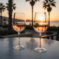 Pair of elegant flat-bottomed crystal wine glasses filled with chilled rosé wine on a white marble patio table at sunset