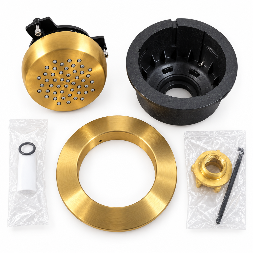 Moen Mosaic brushed gold body spray trim kit and installation hardware viewed from directly above