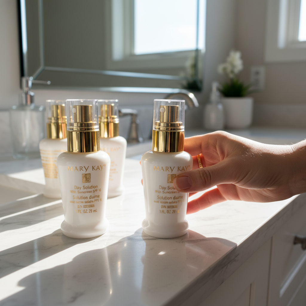 Mary Kay TimeWise Day Solution Sunscreen bottles on bathroom vanity counter with woman's hand reaching for one in soft morning light