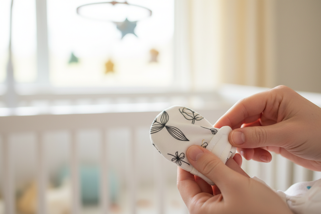 Parent placing Goumi Kids organic baby mitts with botanical pattern on newborn's hands in nursery – More4less Outlet