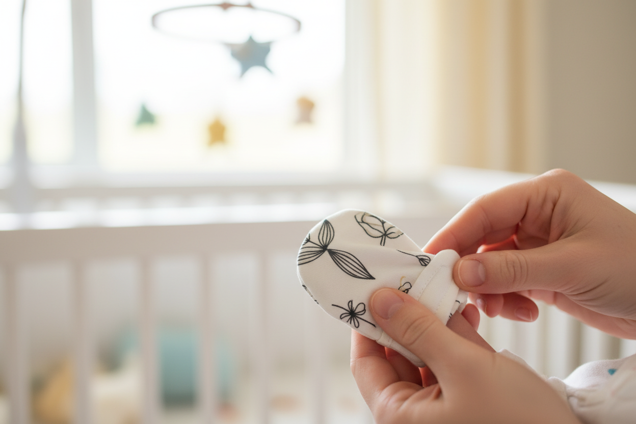 Parent placing Goumi Kids organic baby mitts with botanical pattern on newborn's hands in nursery – More4less Outlet