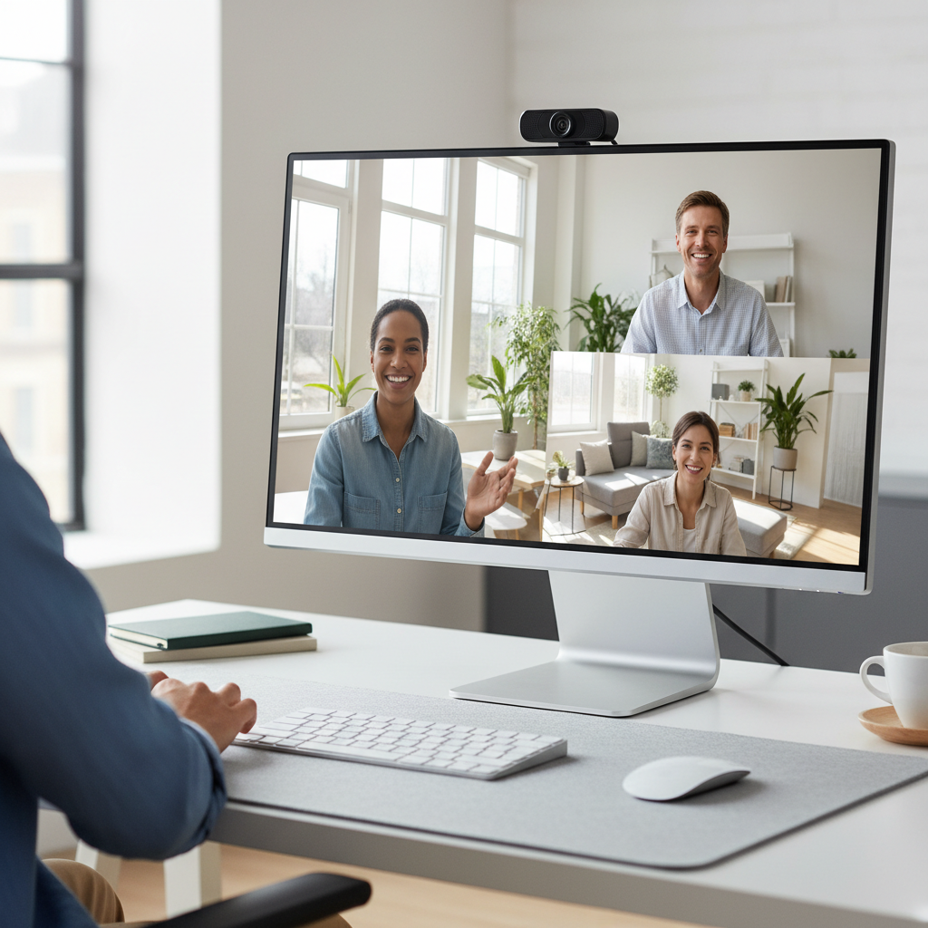 Black HD webcam mounted on top of monitor in clean home office setup person on video call bright well-lit background remote work lifestyle