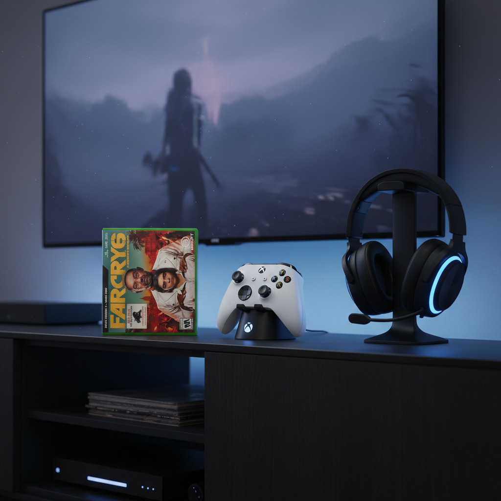 Far Cry 6 Xbox game case on modern media console with Xbox Series X controller and gaming headset