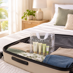 Mary Kay Satin Hands travel set in clear tote packed in an open suitcase