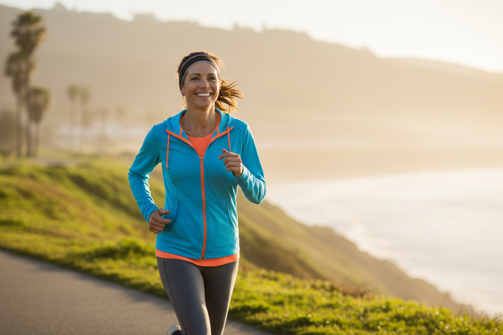 Active healthy person jogging outdoors in morning light, healthy aging lifestyle