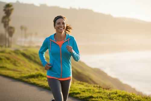 Active healthy person jogging outdoors in morning light, healthy aging lifestyle
