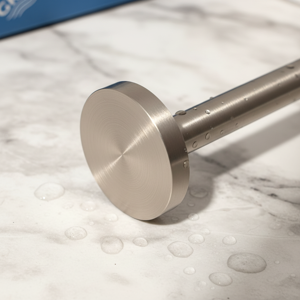 Close-up of GROHE StarLight brushed nickel finish on Essentials towel bar on light stone – More4less Outlet
