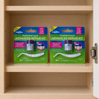 Two DenTek Temparin Max Advanced Repair Kit cards on a medicine cabinet shelf