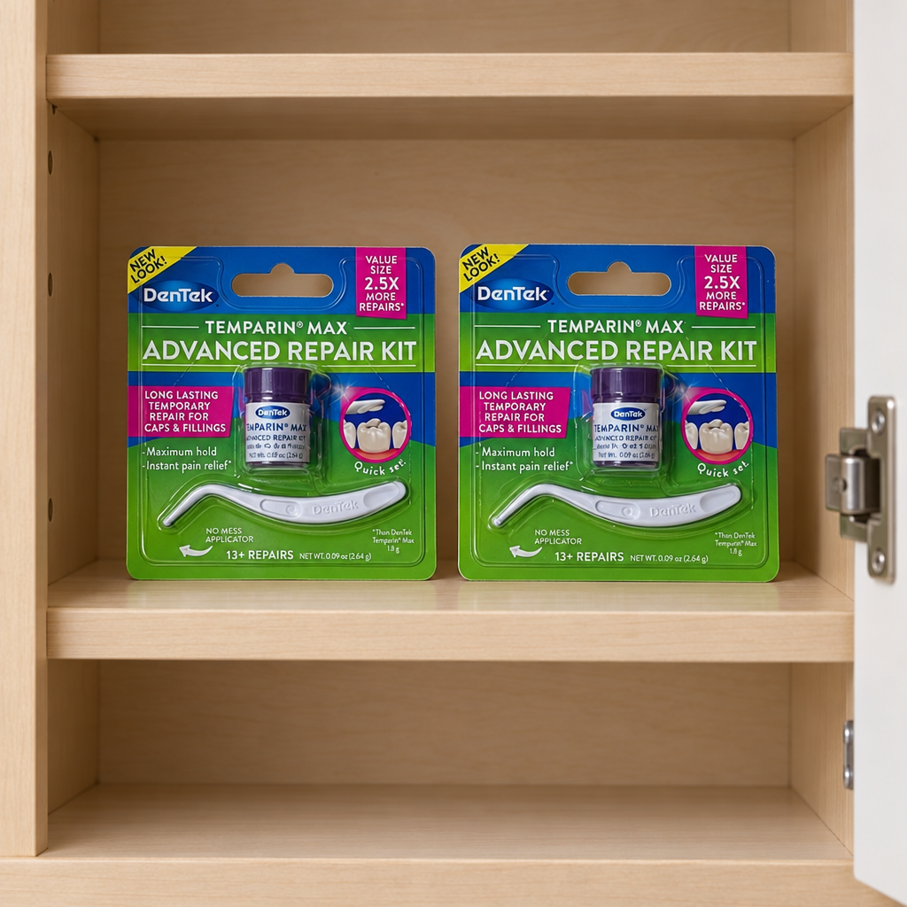 Two DenTek Temparin Max Advanced Repair Kit cards on a medicine cabinet shelf