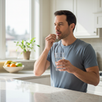 Man taking a vitamin supplement capsule with a glass of water at a bright kitchen counter