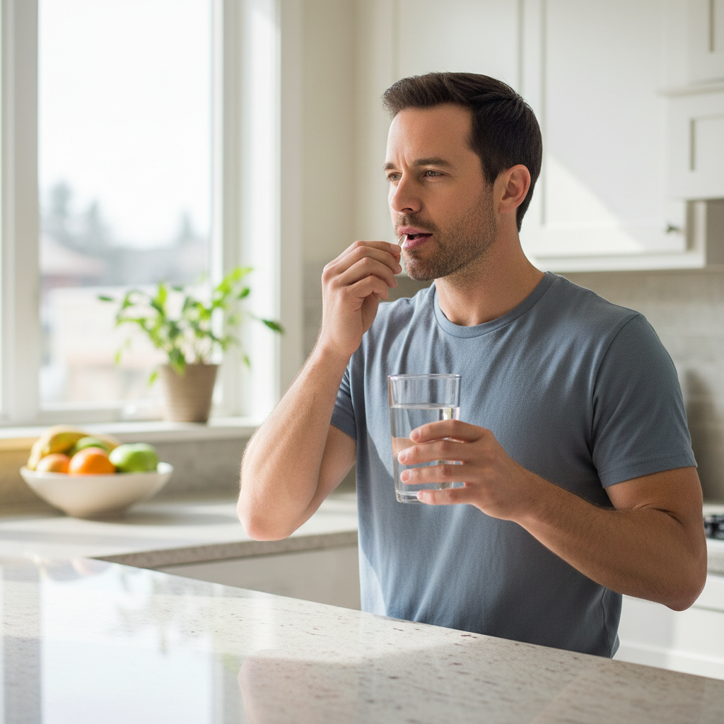 Man taking a vitamin supplement capsule with a glass of water at a bright kitchen counter