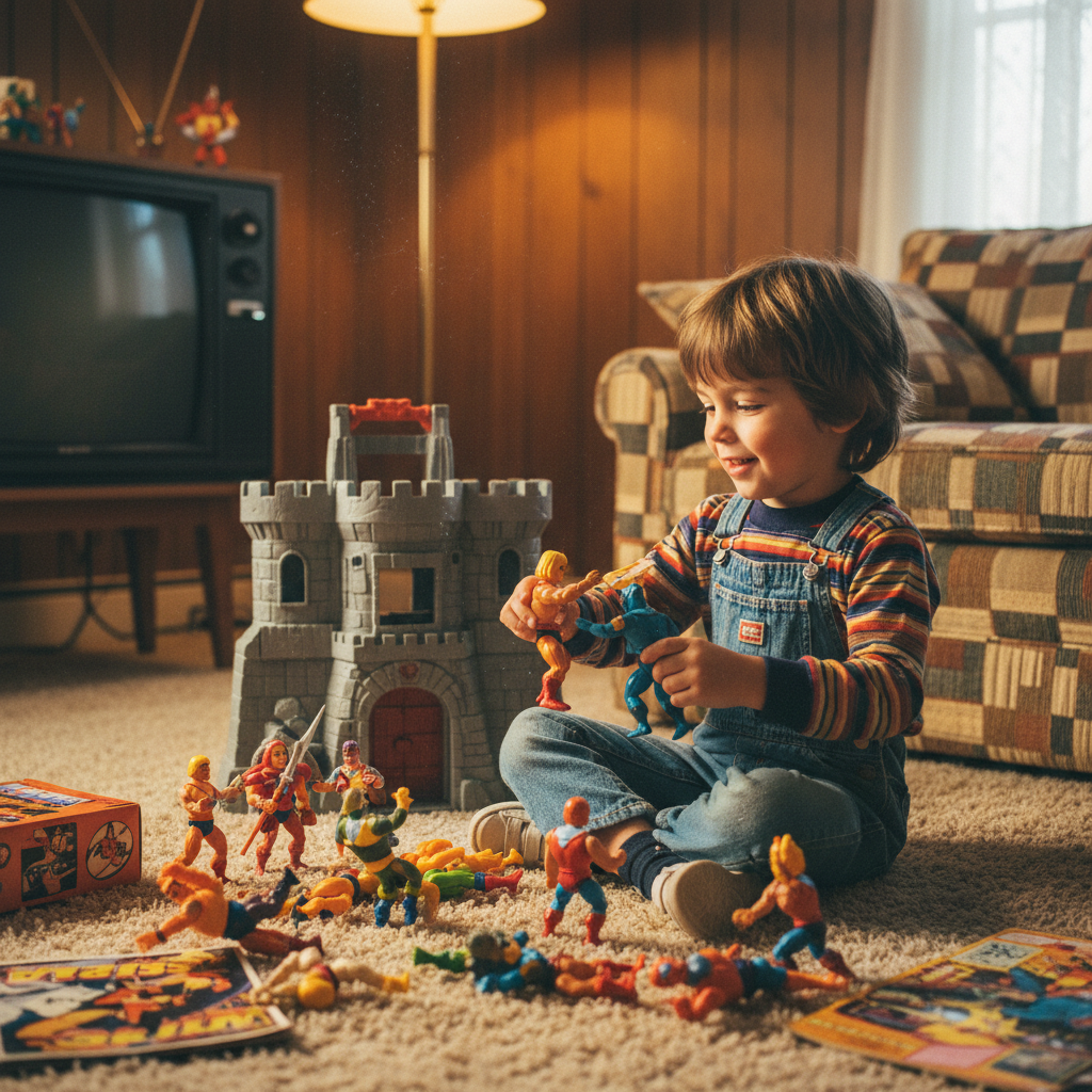 Child playing with Masters of the Universe action figures on a living room floor in a nostalgic 80s toy setting — More4less Outlet