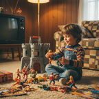 Child playing with Masters of the Universe action figures on a living room floor in a nostalgic 80s toy setting — More4less Outlet