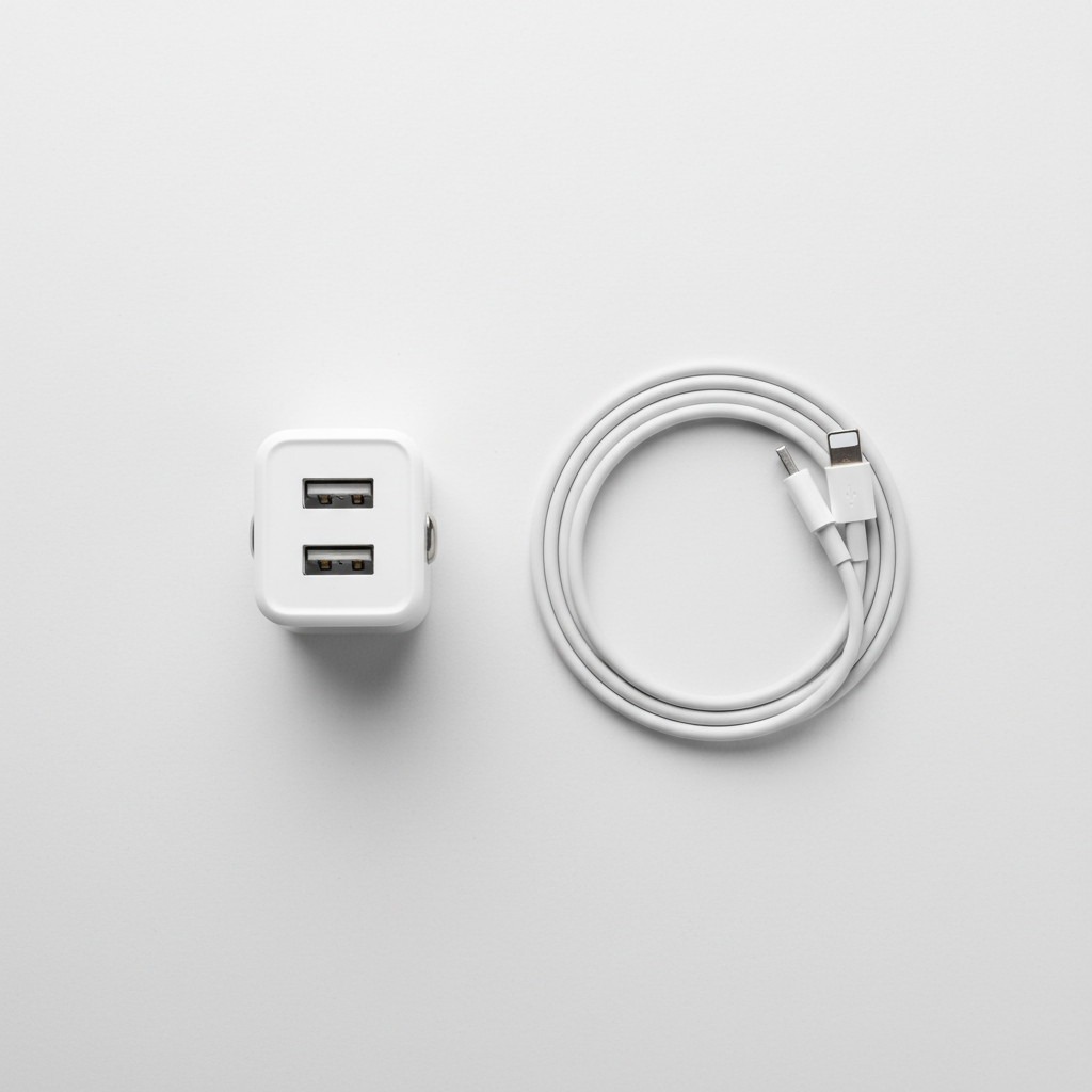 White Case Logic Dual USB Car Charger and Lightning cable flat lay on light surface — More4less Outlet