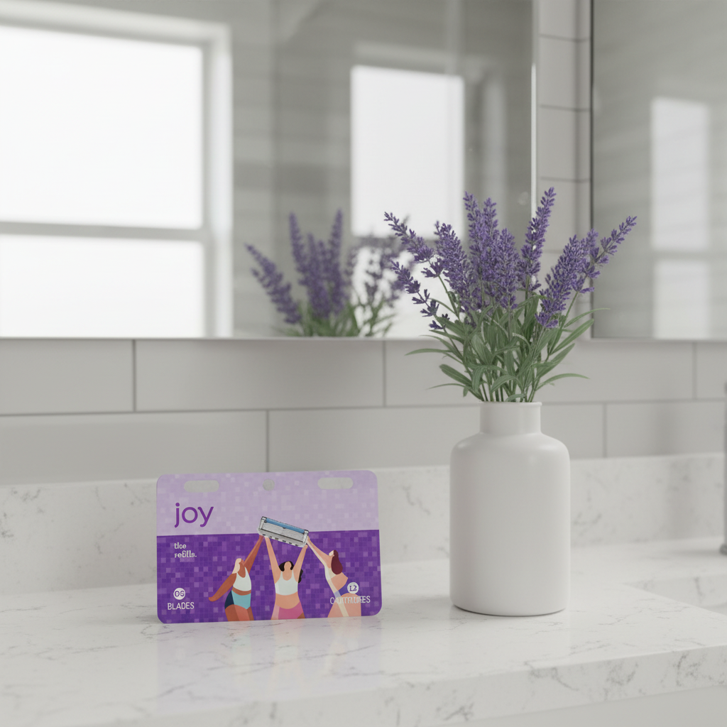 Joy 5-Blade Razor Refills 12ct display card on quartz bathroom vanity shelf with white vase of lavender
