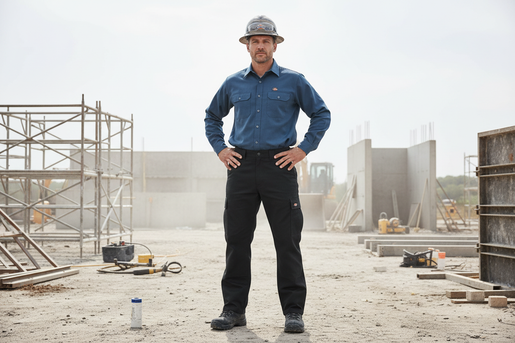 Dickies Flex Regular Fit Straight Leg Cargo Pant black 40x32 worn by male worker on job site with work boots – More4less Outlet