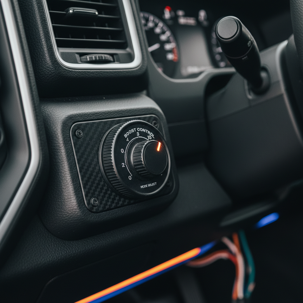 Lifestyle — close-up of black rotary dial switch installed on truck dashboard interior with ambient cab lighting — automotive tuning editorial for visual context only