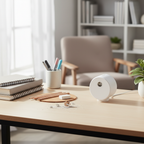 Student desk with books, pencils, and eraser shavings with a small white circular mini vacuum ready to clean