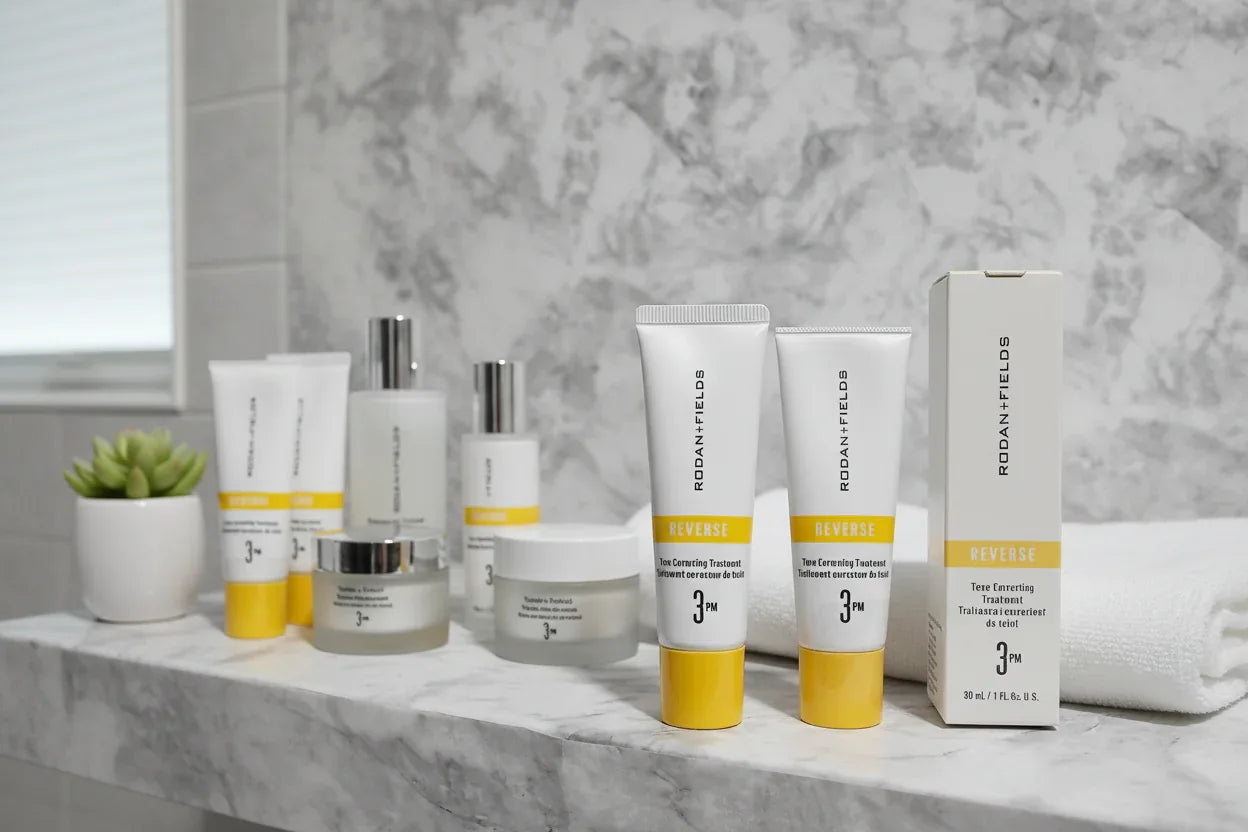 Rodan + Fields REVERSE tube organized in luxury skincare routine on white marble bathroom vanity