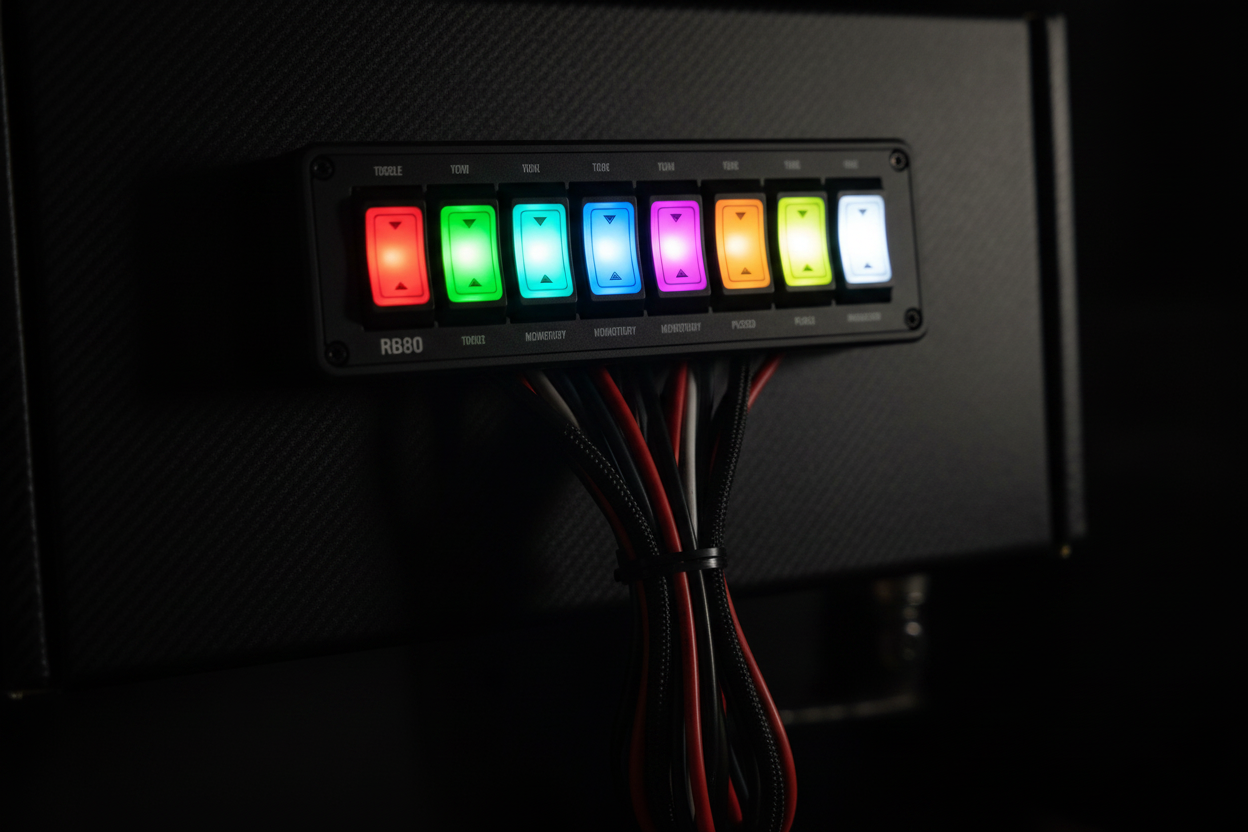 Auxbeam RB80 close-up of 8 illuminated RGB gang switches with wiring harness automotive accessory - More4less Outlet