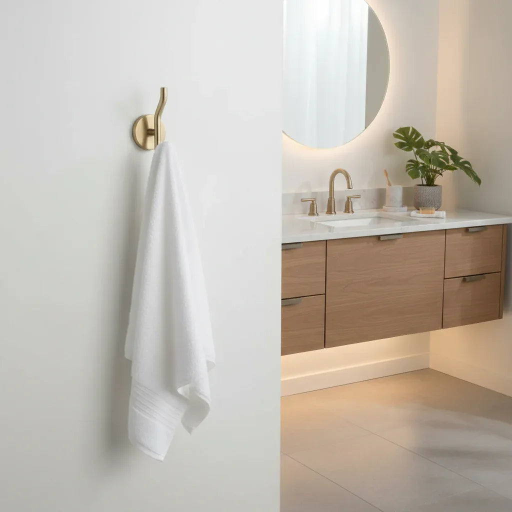 Clean contemporary bathroom vanity area with gold-toned champagne bronze wall robe hook