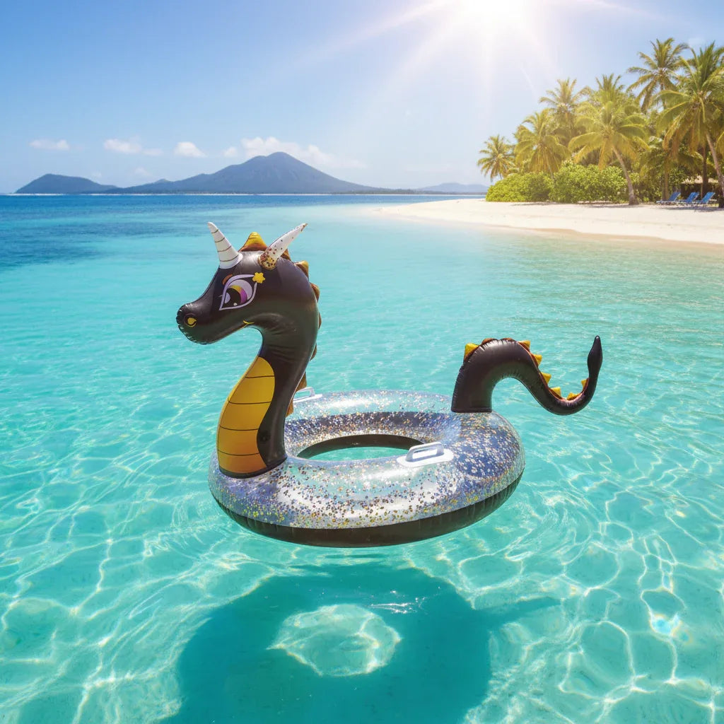 PoolCandy Glitter Dragon pool tube floating in tropical ocean blue water sunny sky
