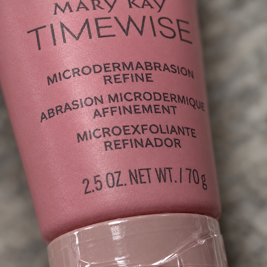 Close-up detail of Mary Kay TimeWise Microdermabrasion Refine tube label and sealed cap