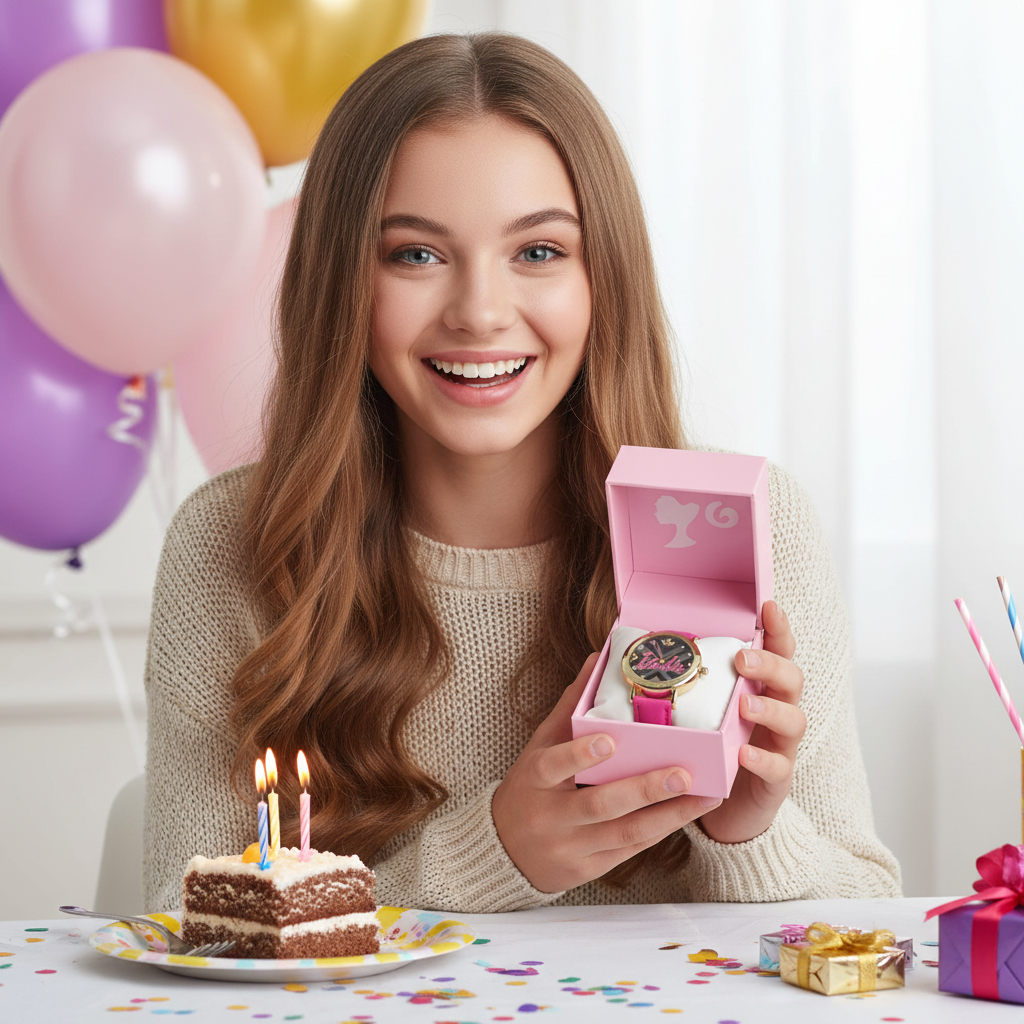 Teen girl opening pink gift box with gold-tone Barbie watch on white satin cushion