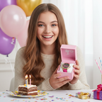 Teen girl opening pink gift box with gold-tone Barbie watch on white satin cushion