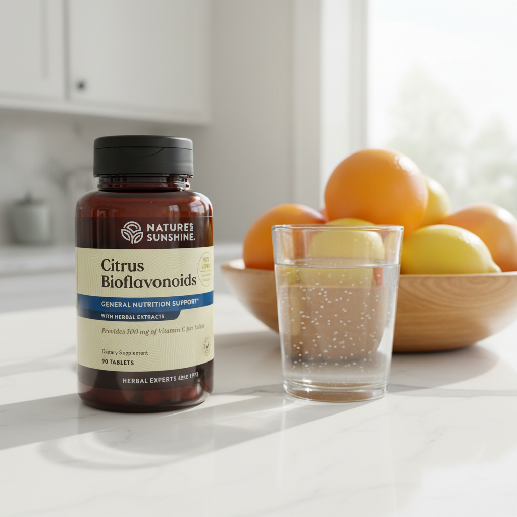 Nature's Sunshine Citrus Bioflavonoids bottle on white quartz breakfast island with glass of water and wooden bowl of fresh oranges lemons and grapefruits