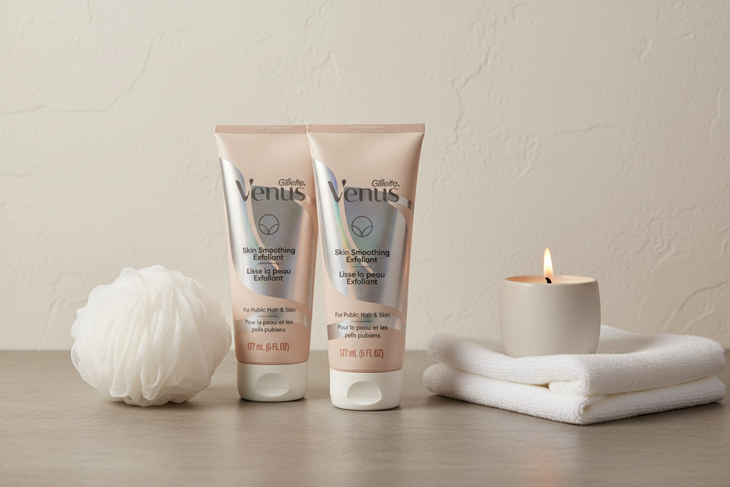 Minimalist self-care bathroom station with two Gillette Venus Skin Smoothing Exfoliant tubes, white loofah, towel, and candle in warm lighting