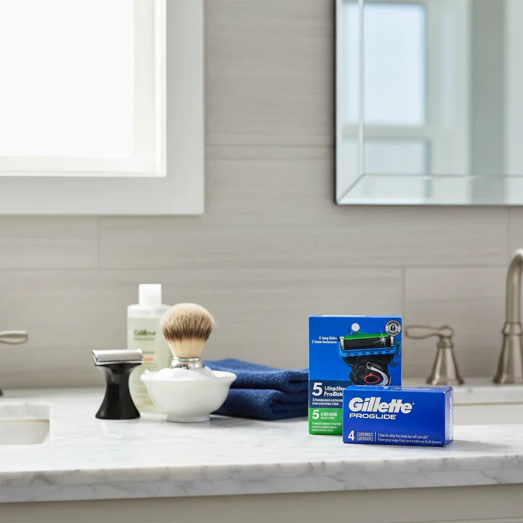 Gillette ProGlide razor blade refills in bright morning bathroom grooming kit lifestyle setting