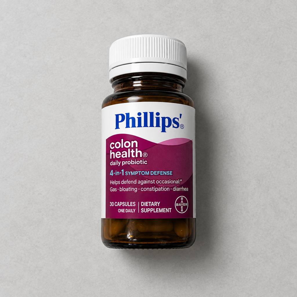 Top-down flat lay view of the Phillips' Colon Health Daily Probiotic bottle