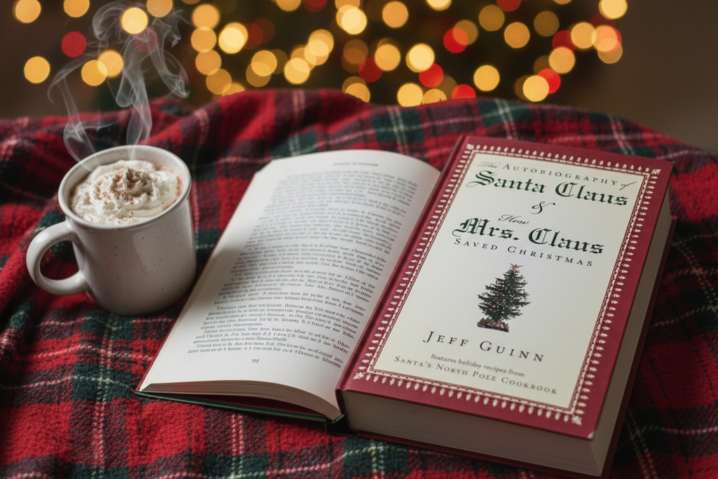 The Autobiography of Santa Claus by Jeff Guinn hardcover in cozy holiday reading setup with hot cocoa and Christmas lights – More4less Outlet