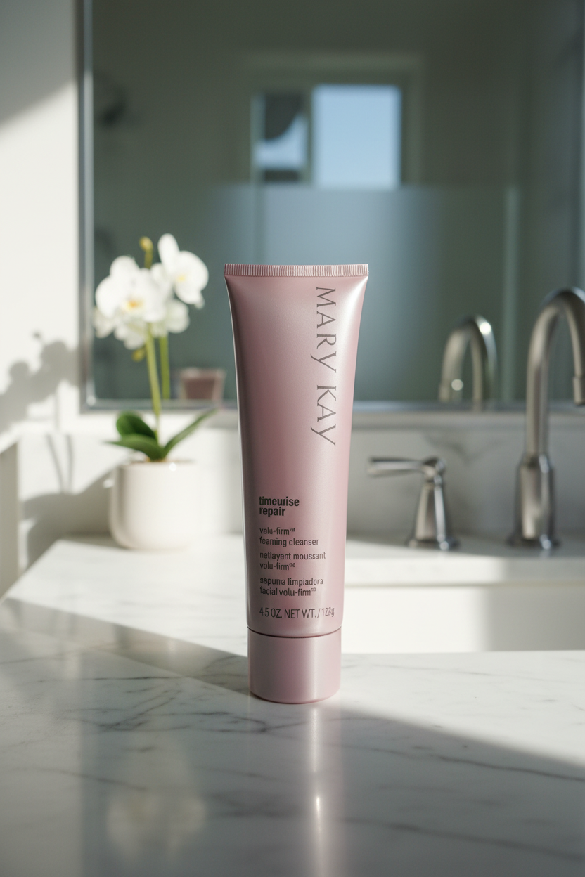 Mary Kay TimeWise Repair Volu-Firm Foaming Cleanser 4.5 oz on white marble vanity with morning light – luxury skincare – More4less Outlet