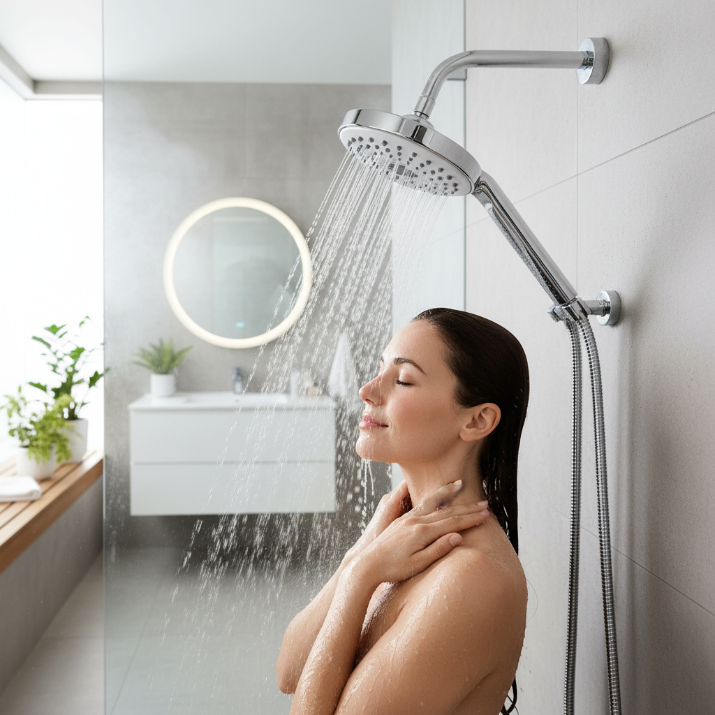 Waterpik therapeutic pivot head shower head installed in modern bathroom person enjoying relaxing shower wellness lifestyle photography clean bright