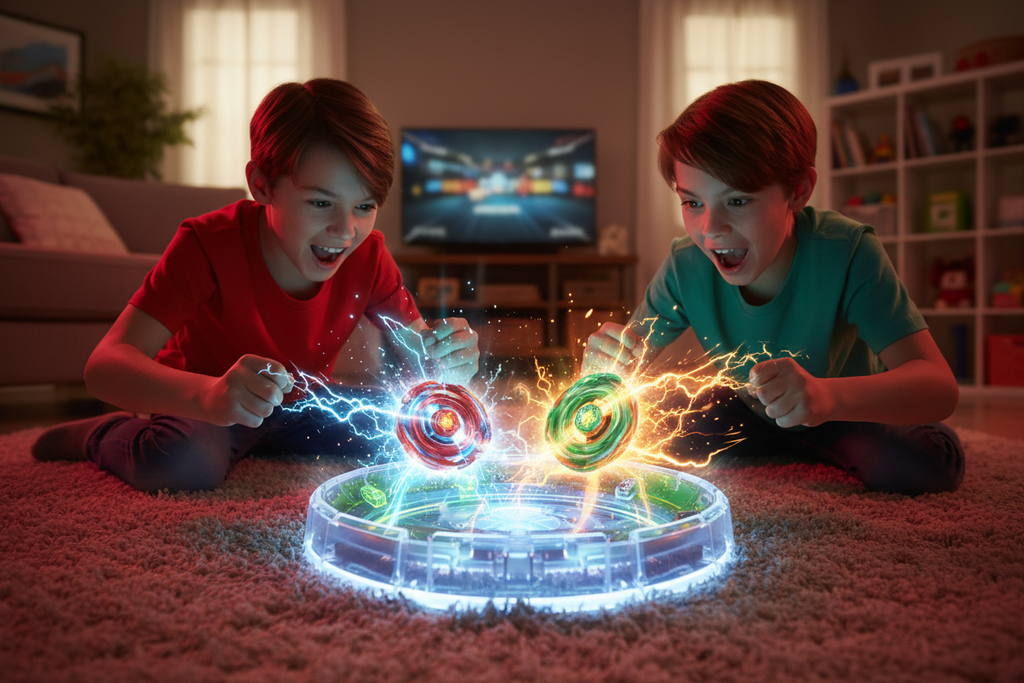 Two kids battling with glowing Beyblade Burst Surge Speedstorm tops clashing in arena – More4less Outlet