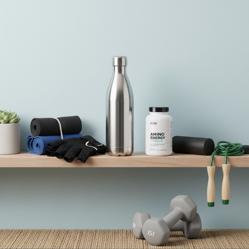 Organized health and fitness shelf with workout accessories, water bottle, and white amino acid supplement bottle