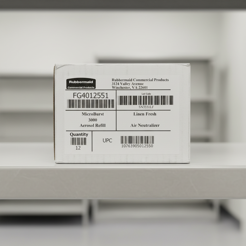 Rubbermaid Commercial Microburst 3000 Linen Fresh refill case on a clean utility shelf