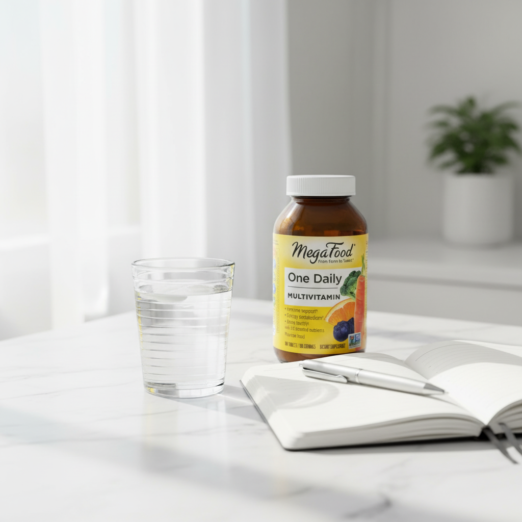 Daily wellness routine with multivitamin bottle next to water glass and journal on bright countertop – More4less Outlet