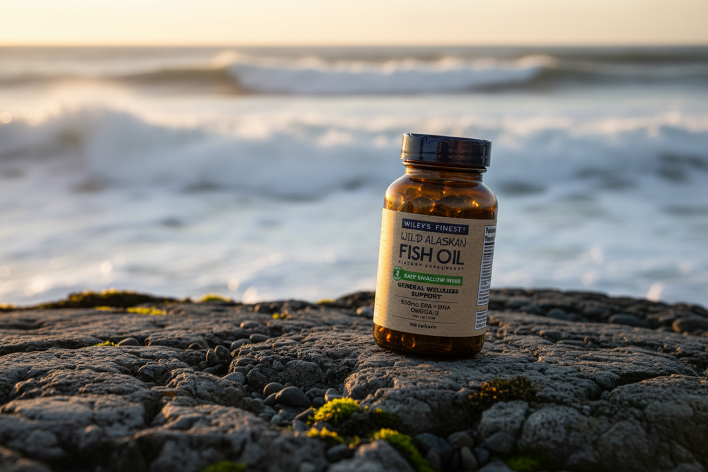 Wiley's Finest Easy Swallow Minis 180 fish oil bottle on Alaskan coastal rocks with ocean background – More4less Outlet