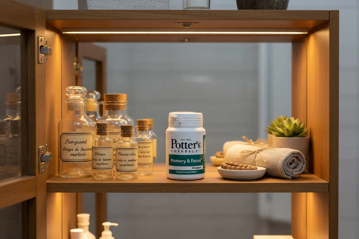 Potter's Herbals Memory & Focus bottle in wooden medicine cabinet with apothecary glass bottles — wellness vanity lifestyle