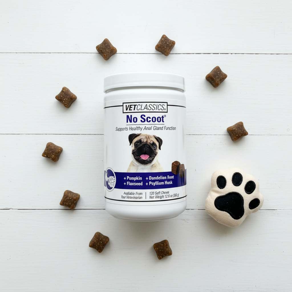 VetClassics No Scoot supplement tub flat lay with soft chew treats and dog paw toy on white surface