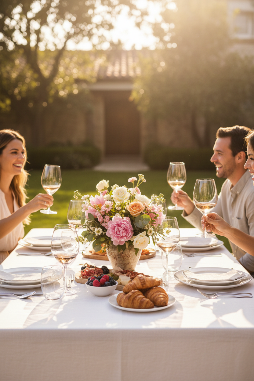 Sunlit outdoor brunch setting with Riedel Magnum wine friendly crystal glasses on white linen table