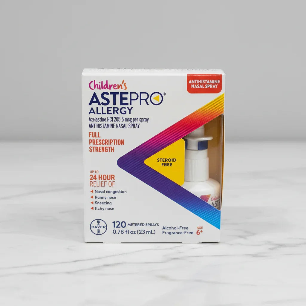 Children's ASTEPRO Allergy nasal spray on pharmacy counter lifestyle image